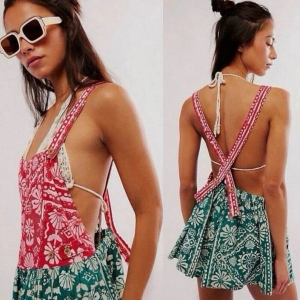 Free People Palm Bay Pinafore Romper L Pockets Boho Festival Beach Resortwear